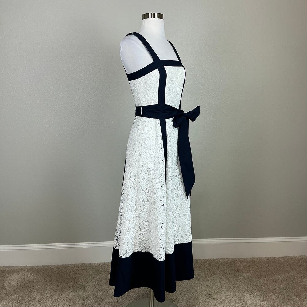 Badgley Mischka Lace Fit and Flare Midi Cocktail Dress Blue and White Size 0 - Picture 3 of 12